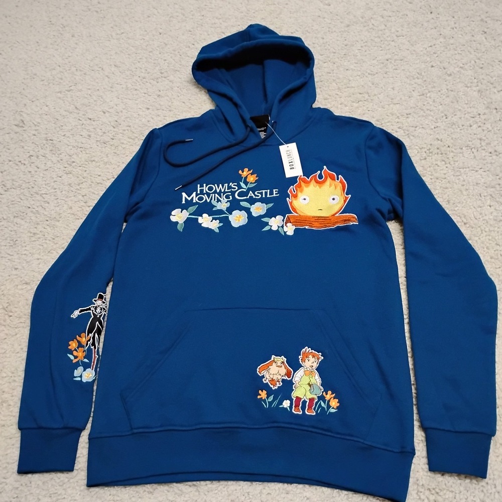 Studio Ghibli Hoodie Mens XS Blue Howls Moving Castle Calcifer Embroidered Y2K